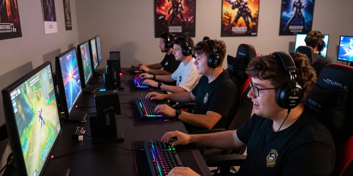 Permainan komunitas di ruang gaming, para pemain bersemangat dengan BOS88 sebagai fokus utama, suasana kompetitif yang mengasyikkan.