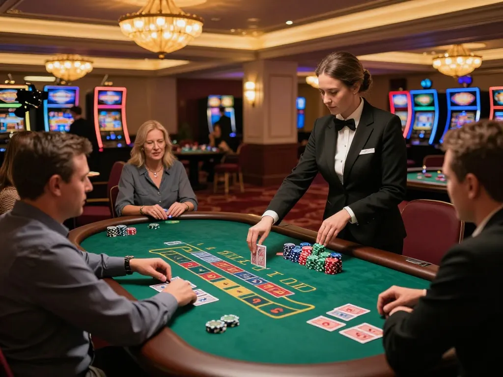 The sunwingo casino offers an engaging blackjack table scene with players and a dynamic dealer.