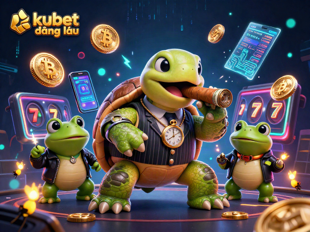 Engage with kubet đăng nhập, experiencing a lively 3D casino scene with a turtle mobster and crypto elements.