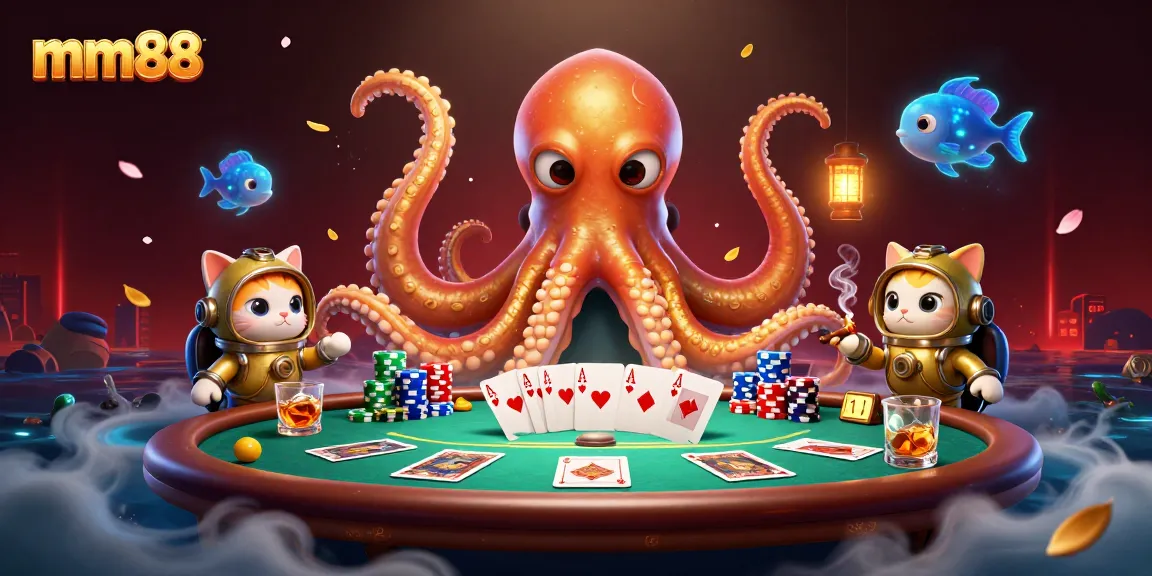 Experience the thrilling mm88 universe with a 3D colorful illustration of a cartoon kraken and poker game