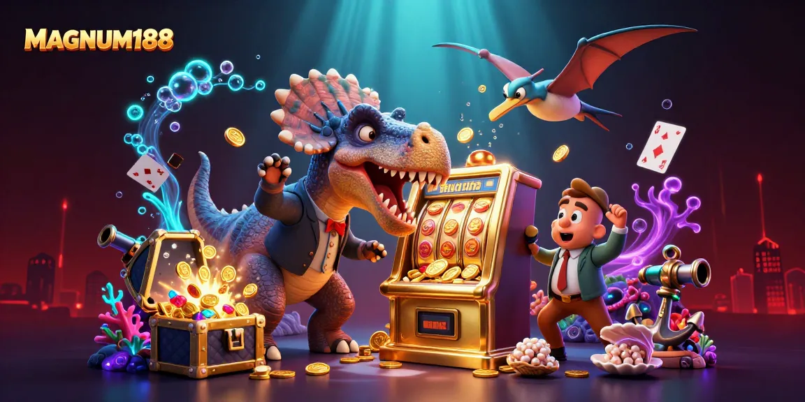 Experience the thrill at MAGNUM188 as a dinosaur hits the jackpot in this vibrant casino scene.