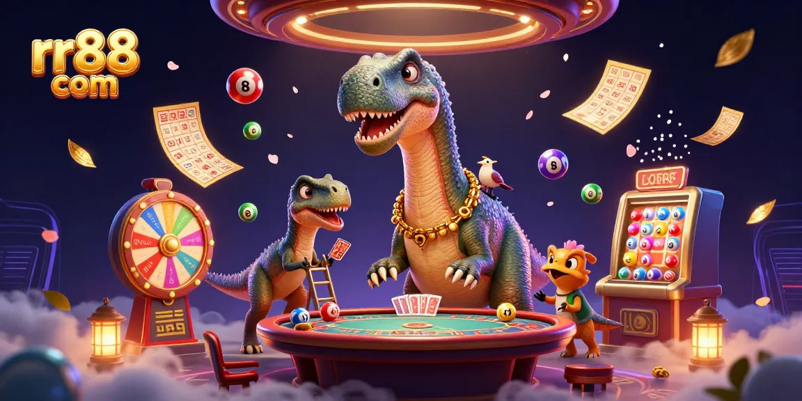 Engage in exciting gaming at rr88 com with colorful lottery balls and a whimsical dinosaur dealer