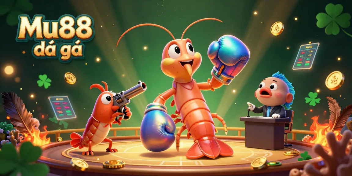 Engage in thrilling Mu88 đá gà cockfighting with animated shrimp characters and vibrant betting elements.