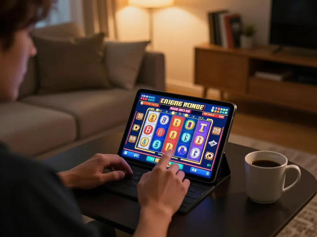 Un joueur interagissant avec le casino en ligne paiement rapide sur tablette, excité par l'interface du jeu de machines à sous dans un cadre confortable