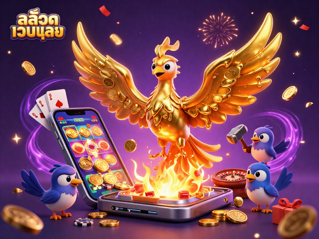 Experience exciting gameplay with สล็อตเว็บตรง featuring a golden phoenix and vibrant slot elements in a dynamic scene.