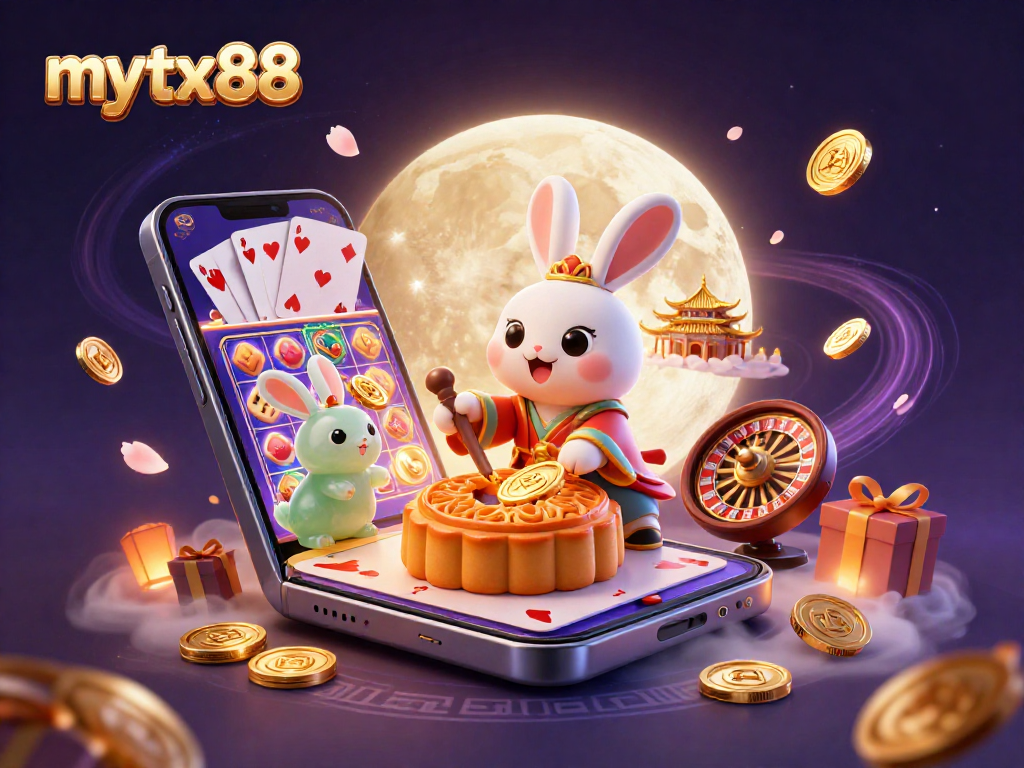 Experience thrilling gambling action with mytx88 featuring a rabbit pounding mooncakes revealing poker chips amidst a vibrant casino scene.