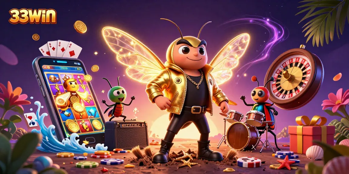 Experience thrilling slot games with 33WIN's vibrant 3D casino scene featuring cartoon characters.