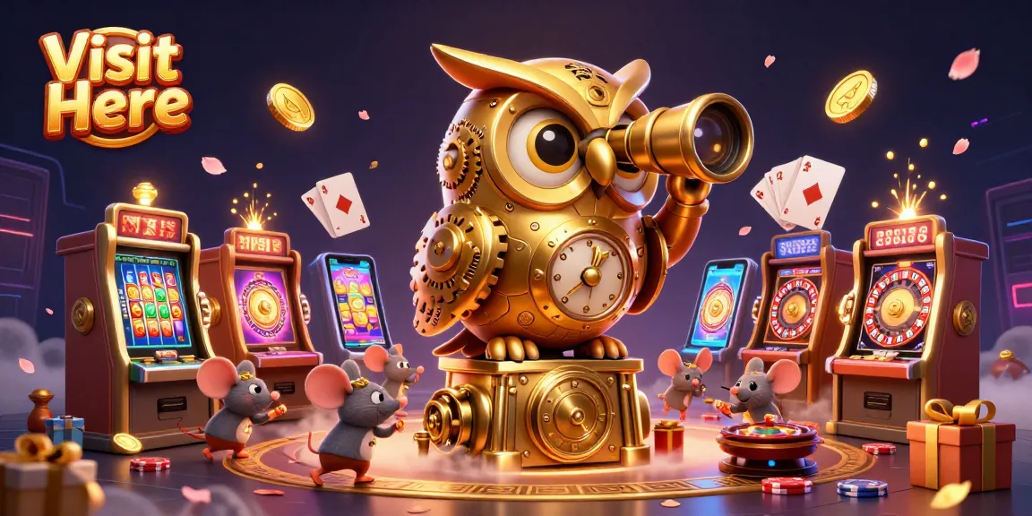 Experience casino excitement with the Visit Here clockwork owl and mini mouse patrons playing slot games.