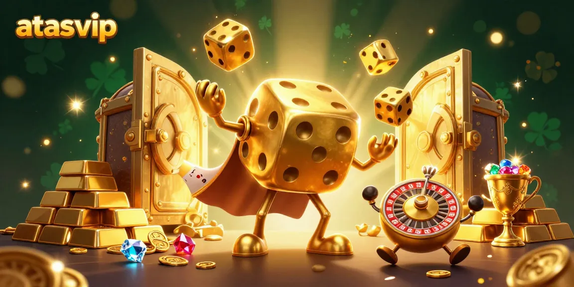 Engage in epic gaming with atasvip showcasing golden dice, jewels, and treasure vaults