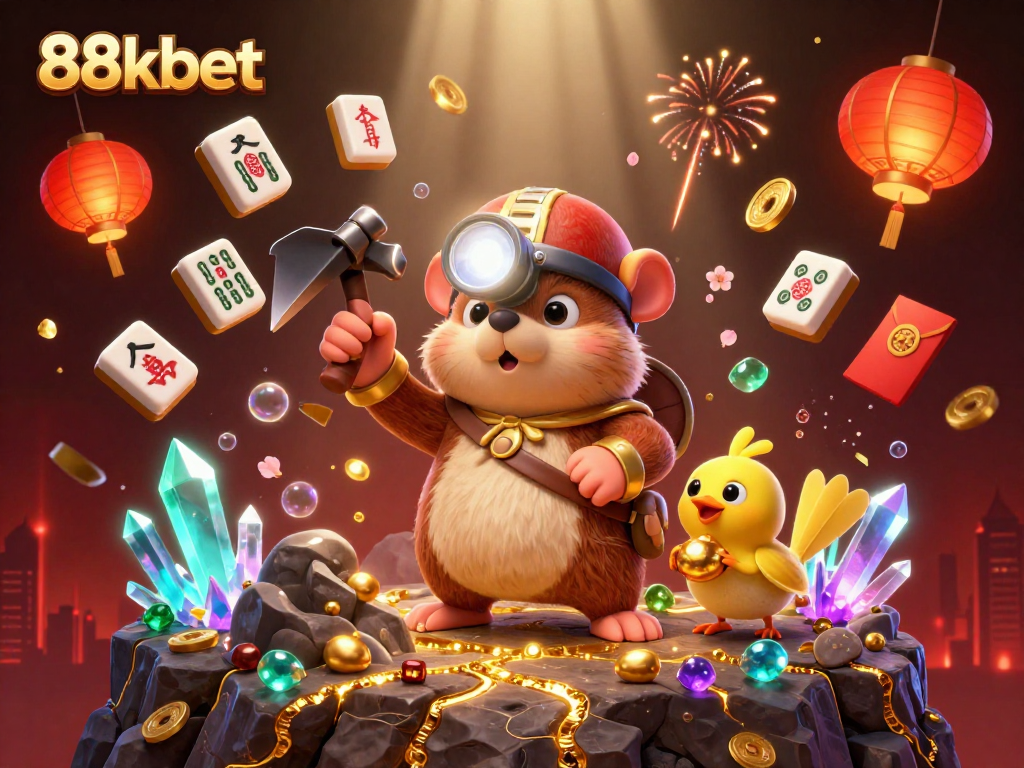 Engage in exhilarating gaming with 88kbet, where a treasure hunter mole and canary discover riches in a vibrant casino.
