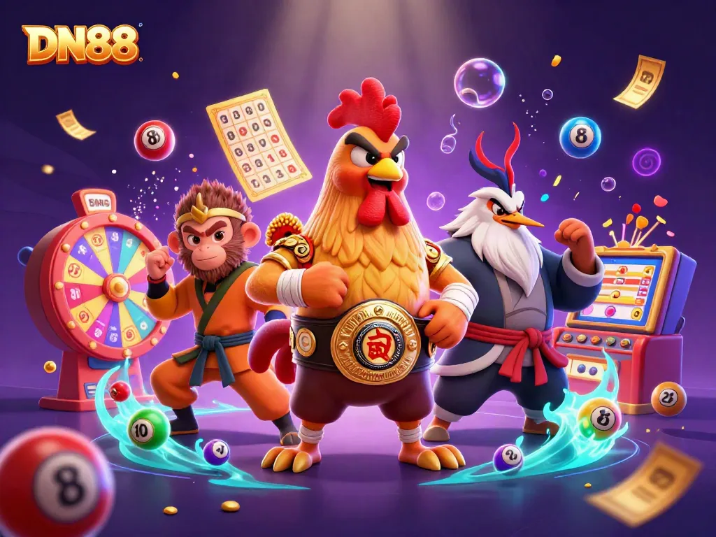 Engage with the vibrant DN88 gaming scene featuring a Muay Thai rooster, Shaolin monkey, and a wise crane amidst colorful dynamic elements.