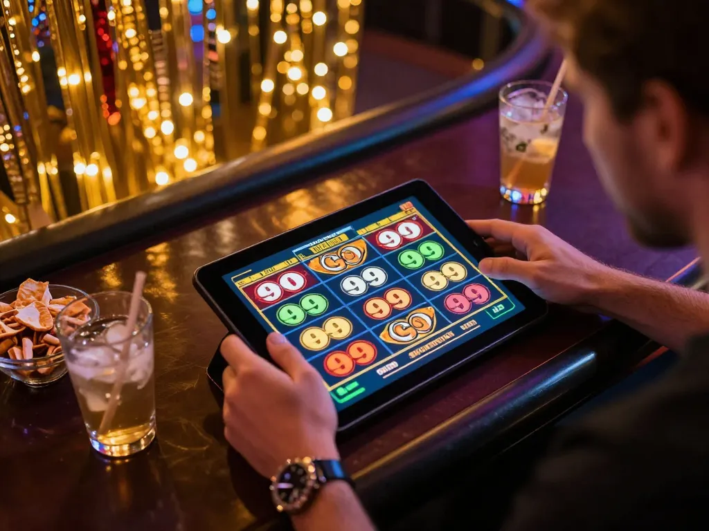 Player celebrating a win while playing Go 99 slots on a tablet, enjoying online gambling
