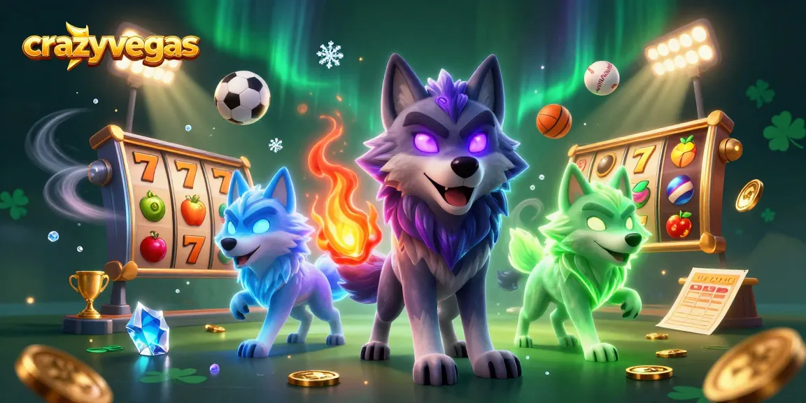 Crazyvegas presents a dynamic 3D casino scene with a shadow wolf leader and gaming elements.