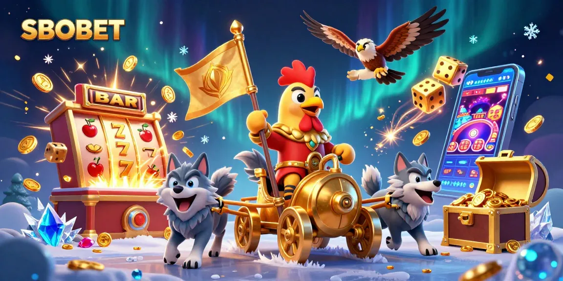 Experience thrilling gameplay with SBOBET, featuring a vibrant gambling scene packed with coins and slot machines.