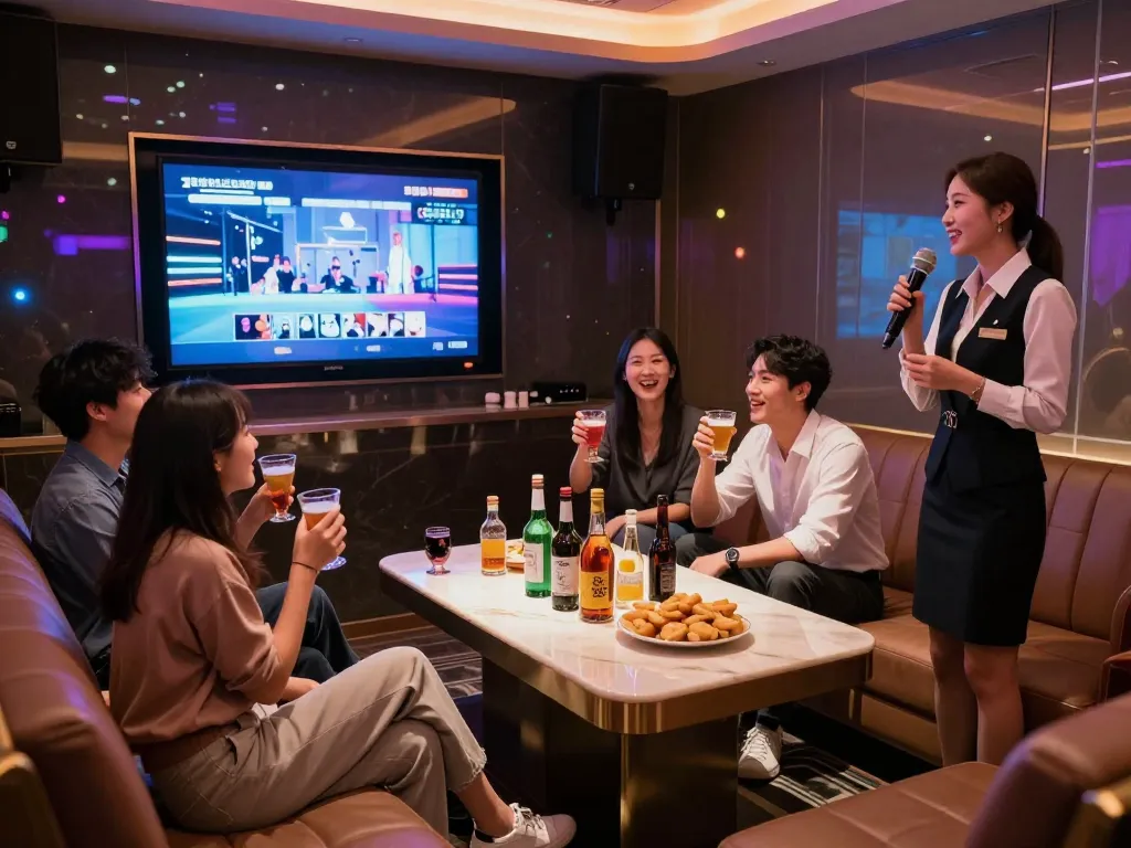 프리미엄 음료와 오락을 갖춘 활기찬 개인 가라오케 룸에서 친구들과 함께 강남가라오케에서 사치스러운 밤을 즐기는 모습.