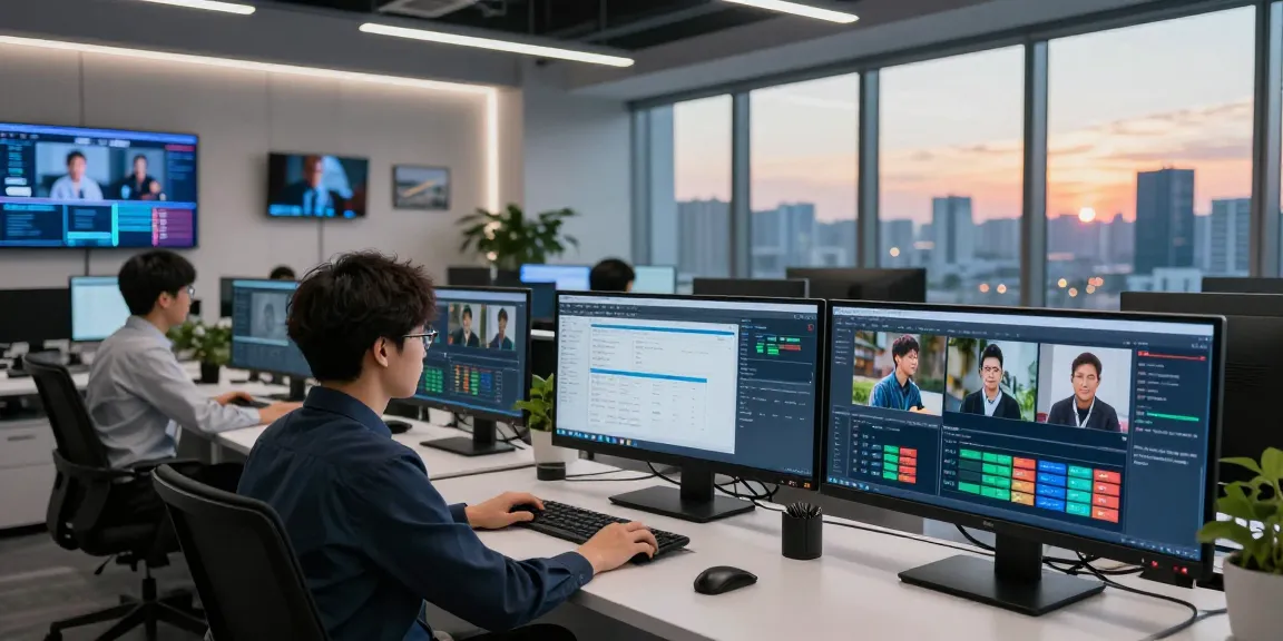 Data analysts utilizing ai detector in a high-tech content moderation control room with advanced AI tools.