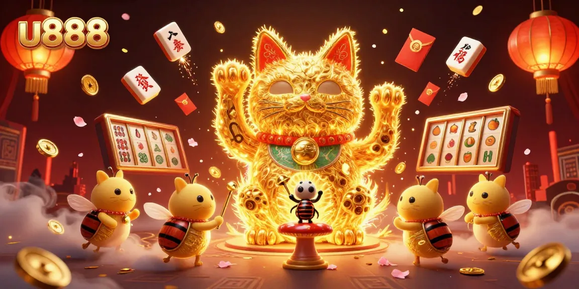 Join the excitement of u888 as golden fireflies create a lucky cat amid vibrant casino symbols.