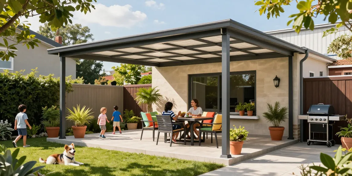 Freistehende Terrassenüberdachung mit Familie im Garten, die den Außenbereich genießt.