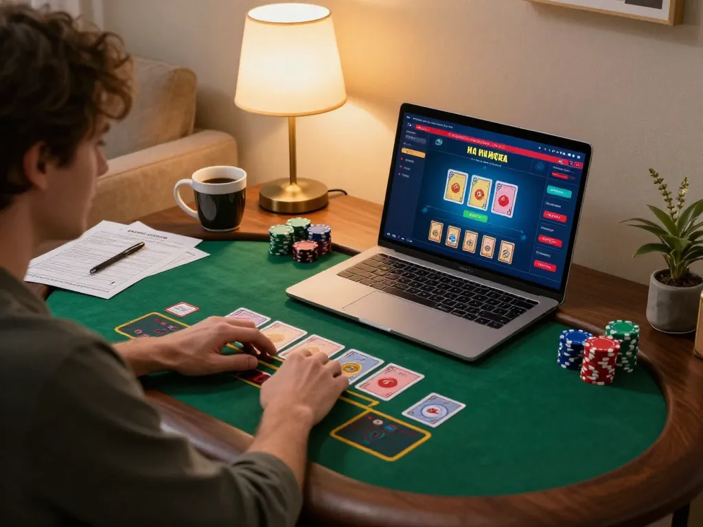 Player enjoying live blackjack on 9bet laptop, showcasing strategic gameplay at home
