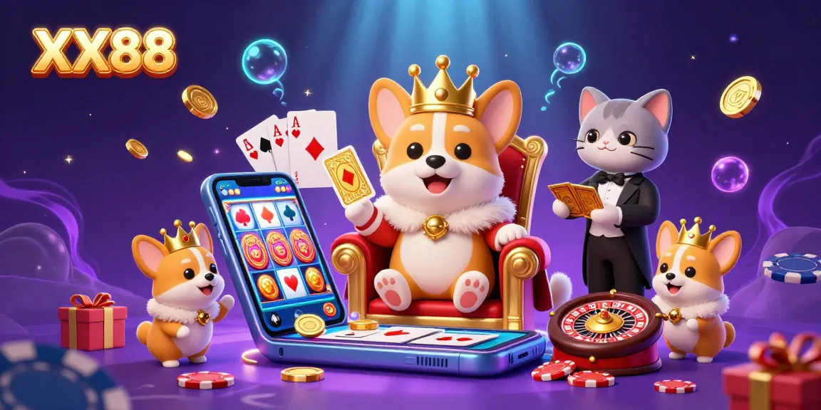 Place bets and spin the reels at XX88, featuring a royal corgi on a throne surrounded by casino elements.