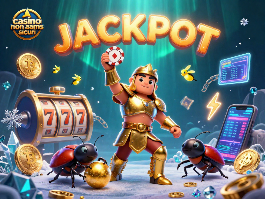 Gioca nel casino non AAMS sicuri con il grillo col dorso d'oro che solleva una chip vincente.