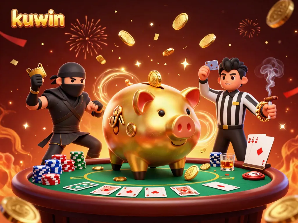 Experience thrilling kuwin gameplay with dynamic characters amidst golden coins and casino elements.