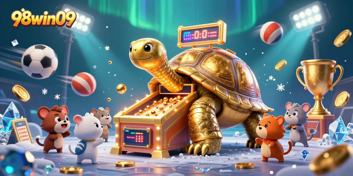 Engage with the exciting world of 98win09 through a vibrant 3D illustration featuring a tortoise pinball casino.