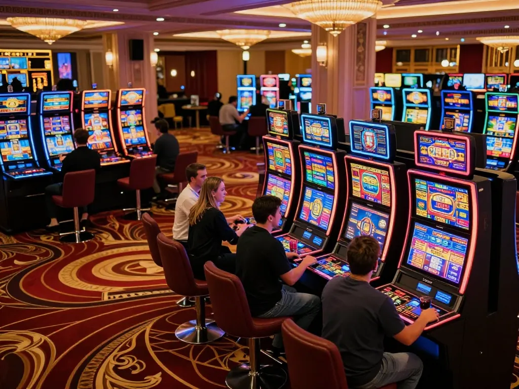 Des joueurs profitant de jeux passionnants aux meilleurs casinos sans vérification avec des machines à sous vibrantes sur un sol animé.