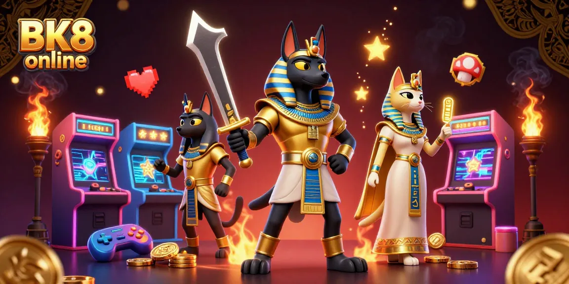 Immerse in the BK8 online experience with a vibrant 3D illustration featuring Anubis and Bastet amidst casino games.