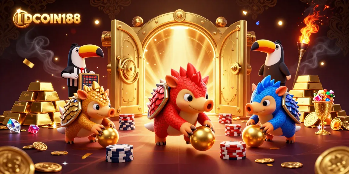 IDCOIN188 showcases a vibrant 3D illustration of pangolins bowling through poker chips, symbolizing dynamic online gaming.