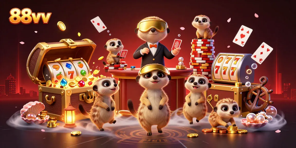 Bet on excitement with 88vv, showcasing meerkats as dealers in a lively casino scene.