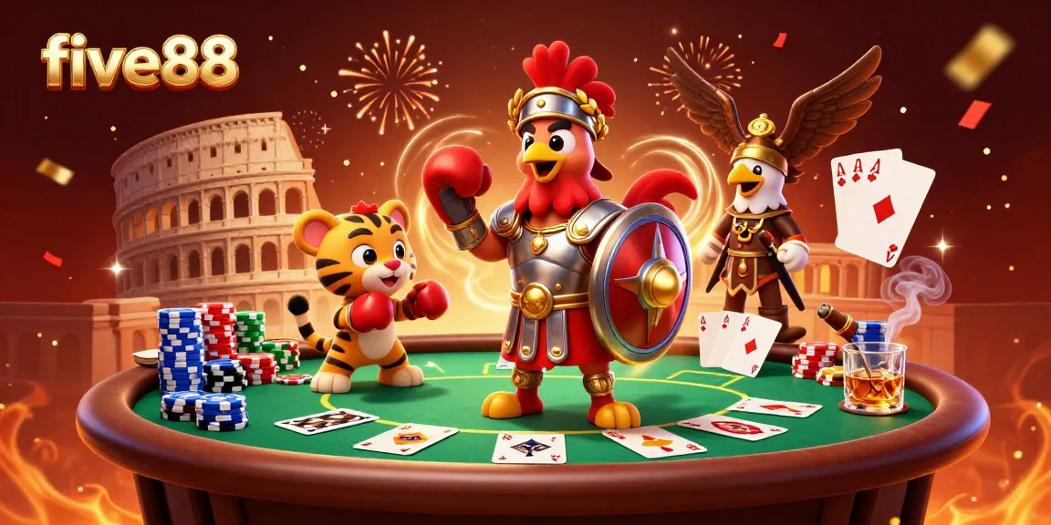 Experience the thrill of five88 with a lively gambling scene featuring poker chips and an eagle.