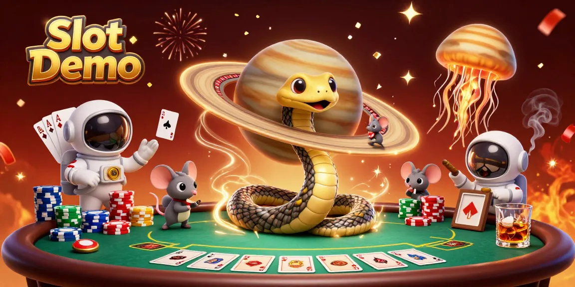 Engage in Slot Demo action with a vibrant cosmic scene of snake and astronaut mice in a colorful casino.