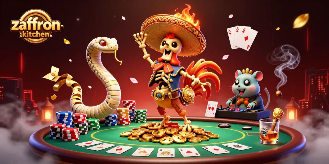 Zaffron-kitchen features a vibrant casino celebration with a skeleton mariachi and a mummy snake in partnership.