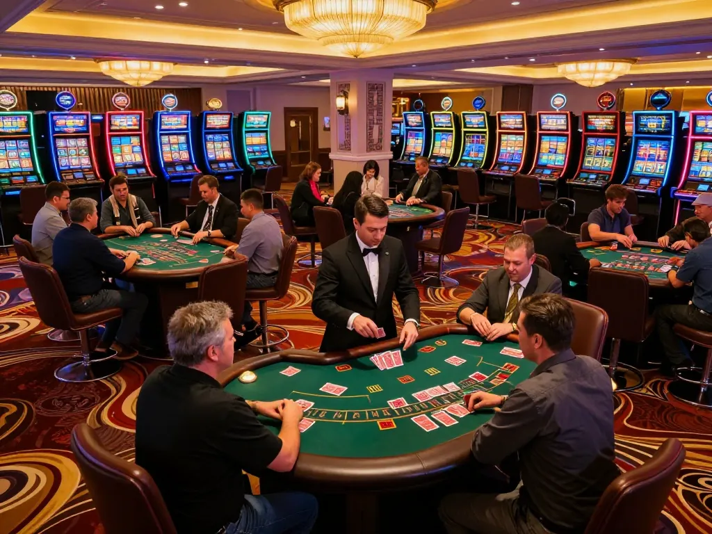 Players strategizing at blackjack tables on trang chủ okfun in a lively casino environment, illuminated by warm lighting.