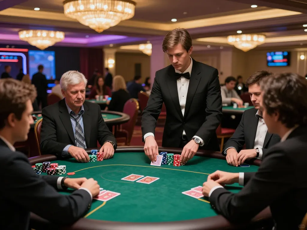 98win poker players strategically engaging in a game at a luxurious casino table.