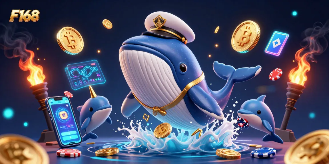 F168 entertains with its vibrant cartoon whale breaching amidst coins and crypto elements.