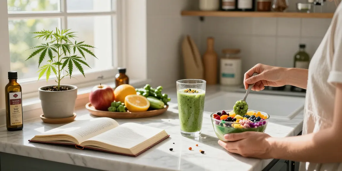 Ministry seeds CBD oil next to vibrant fresh smoothie ingredients, promoting natural wellness.