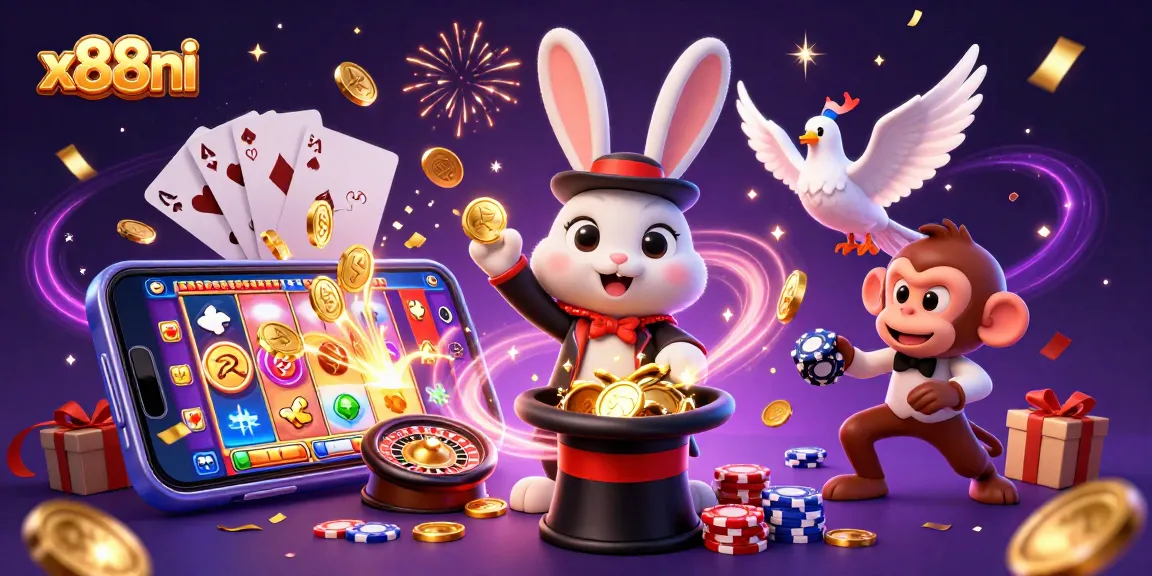 Spin to win at x88ni: A vibrant 3D scene showcasing a magician rabbit and casino elements.
