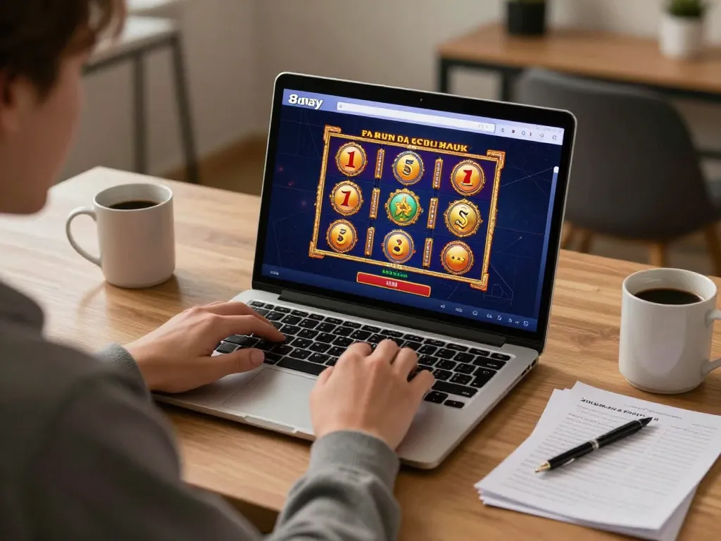 Person enjoying 8day casino app on a laptop, highlighting vibrant online gaming experience.