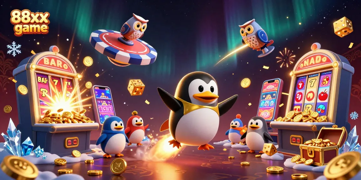 Get ready for the 88xx game action with a rocket-powered penguin soaring through a dynamic casino universe.