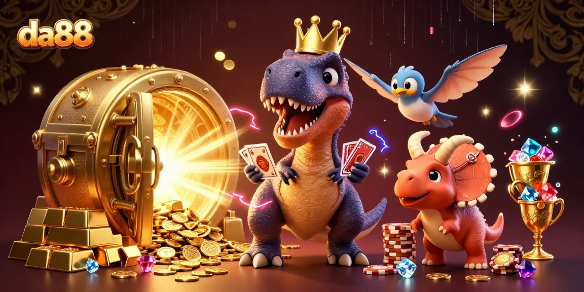 Join the fun with da88's dynamic casino scene featuring a T-Rex shuffling cards and stacking chips!