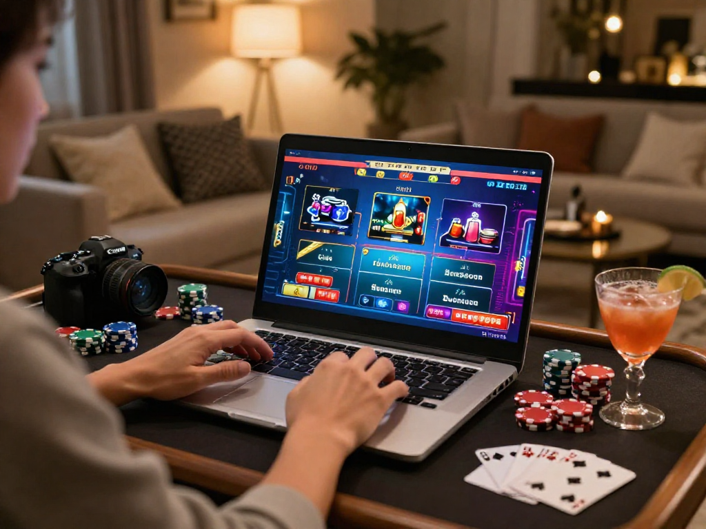 Esplorazione dei casino non AAMS sicuri, con un giocatore felice al laptop nei pressi di un elegante cocktail.