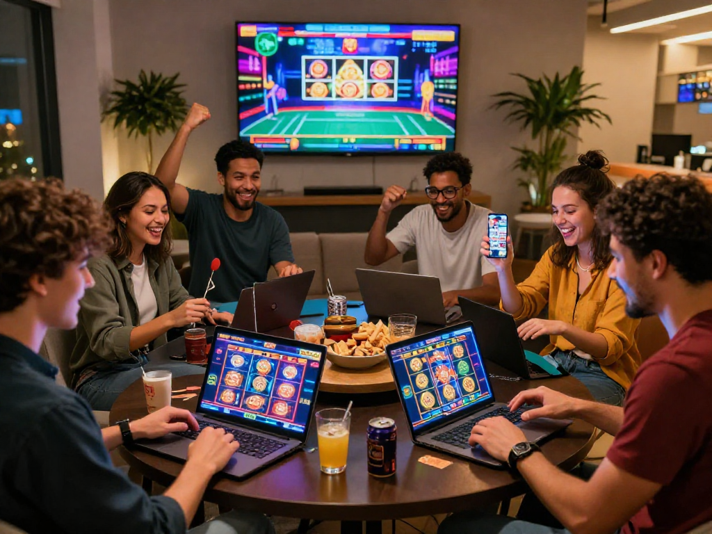 Divertimento con amici mentre si gioca a casino non aams sicuri su dispositivi digitali in un ambiente accogliente e festoso.
