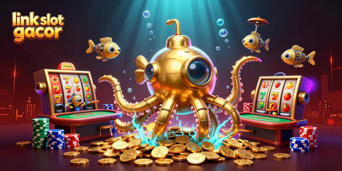 Experience the thrill of link slot gacor as a golden kraken submarine reveals jackpot slot reels in a vibrant underwater casino scene.