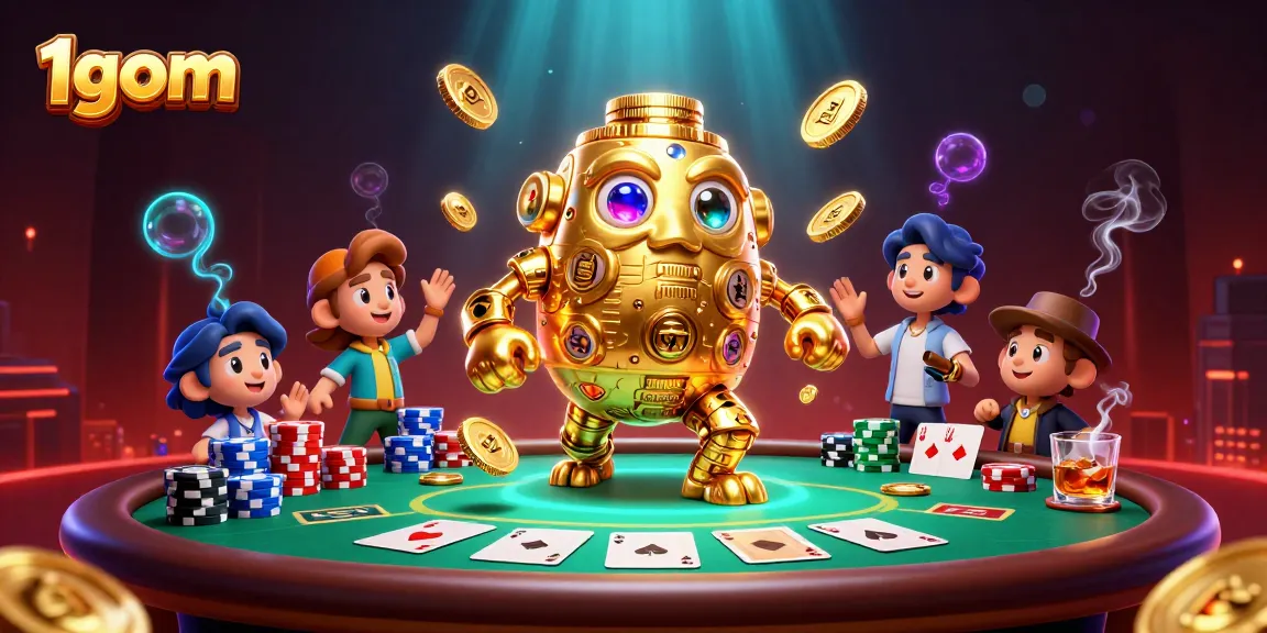 Engage in dynamic gaming action with 1gom's vibrant casino elements featuring a golden golem and exciting poker setups.
