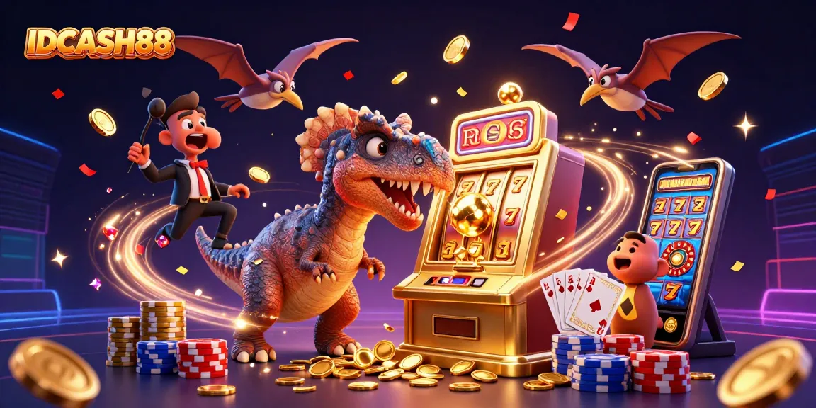 Experience excitement with IDCASH88 as a pachycephalosaurus wins jackpot coins in a dynamic casino scene.