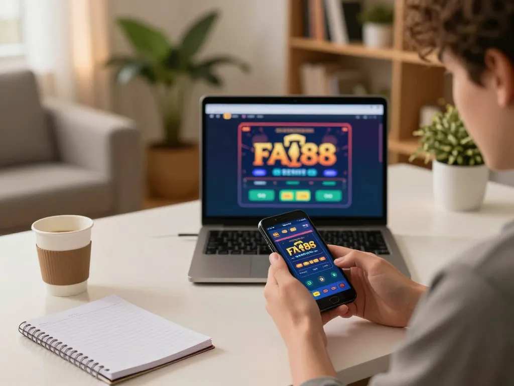 Engaged player enjoying the FA88 mobile casino app on smartphone amidst a cozy home setup