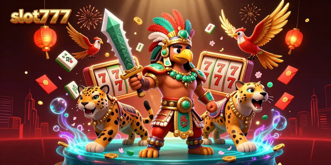 Spin the slot777 reels with excitement in this vibrant casino illustration featuring Aztec warriors.