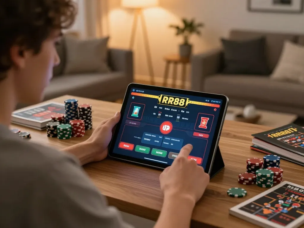 Engaged player enjoying online gambling experience using RR88 for strategic gameplay